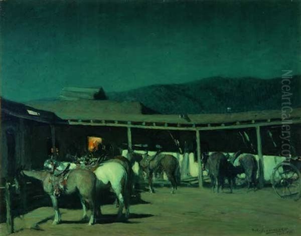 Horses At A Nocturnal Adobe Scene - view 1