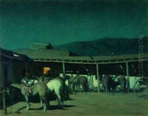 Horses At A Nocturnal Adobe Scene