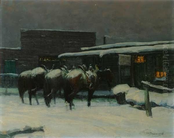Horses Standing In Winter Street Scene - view 1