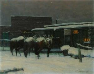 Horses Standing In Winter Street Scene