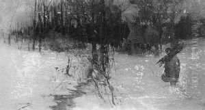 Solemn American Indian In Winter Landscape by Oscar Edmund Berninghaus