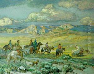 Friendly Indians Watching A Wagon Train by Oscar Edmund Berninghaus