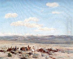 Indians Crossing The Plains, Taos, Nm by Oscar Edmund Berninghaus