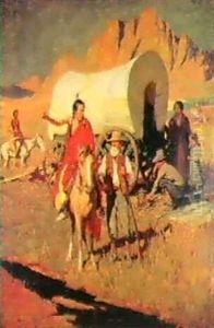 Stopped Wagon With Indians And Settlers by Oscar Edmund Berninghaus