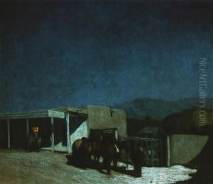 Horses In Front Of Kit Carson's House by Oscar Edmund Berninghaus