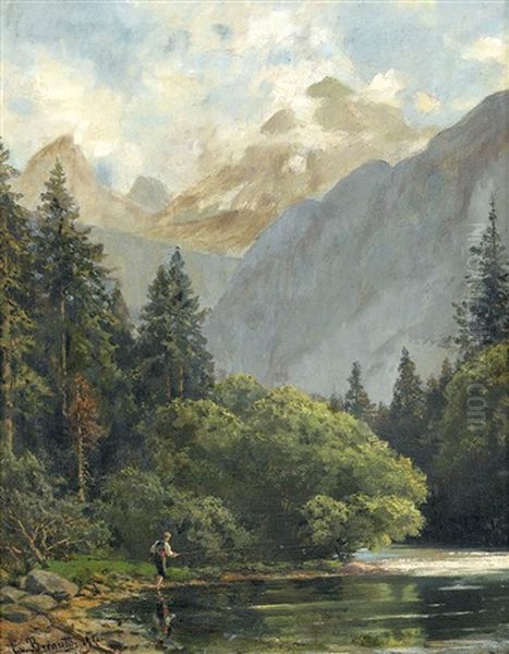 Flusslandschaft Bei Berchtesgaden Mit Angler - view 1