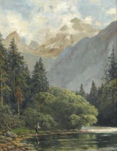 Landschaft Bei Berchtesgaden Mit Angler Am Flussbett by Ernst Von Bernuth