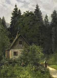 Sommertag Im Gebirge. Bauersleut Vor Einsamer Kate Am Waldesrand by Ernst Von Bernuth