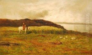 Figure Side Saddle On Horse On A Cliff Path With Seascape Beyond by William Aikman
