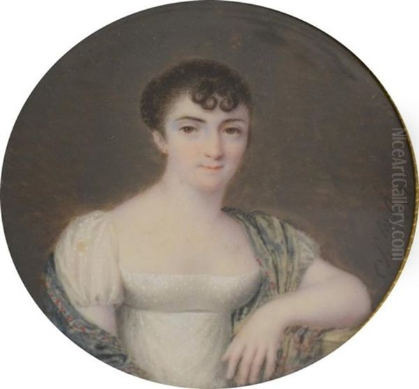 Portrait De Jeune Femme En Robe Blanche, Ses Epaules Couvertes D'un Chale En Cachemire Dans Les Tons Vert - view 1