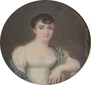 Portrait De Jeune Femme En Robe Blanche, Ses Epaules Couvertes D'un Chale En Cachemire Dans Les Tons Vert by Charles Antoine Claude Berny d'Ouville