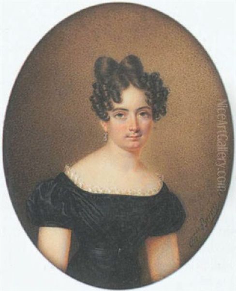 A Lady Wearing Black Dress With White Lace Neckline, Her Belt With Silver Buckle, Jewelled Drop Earrings, Her Brown Hair Curled - view 1