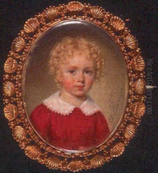 A Portrait Of A Child In Red Smock With Wide, White Lace Collar And Curly Blonde Hair - view 1