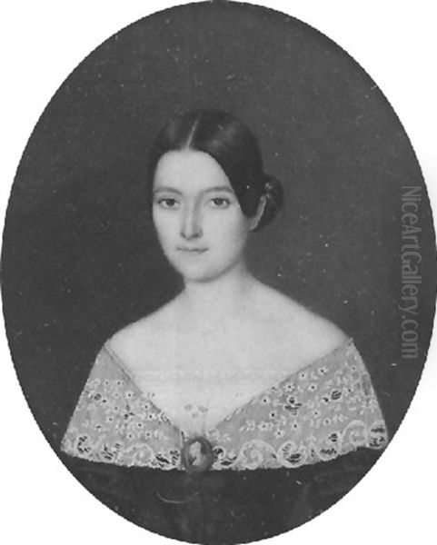 A Lady, In Black Satin Dress With Wide Lace Collar, A Roman Style Cameo At Her Corsage - view 1