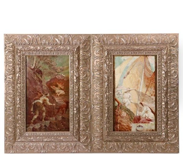 Two Mythological Scenes, Including Fisherman With Wife And Child At Pier; Hunter Approaching Nymph On Mountain - view 1