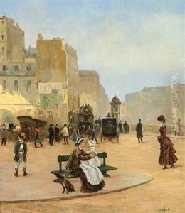 Gadescene Fra Paris, I Forgrunden Mor Og Barn Siddende Pa En Baenk by Louis Beroud