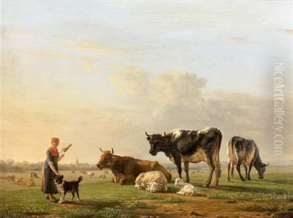 Jeune Bergere Et Son Chien Gardant Son Troupeau - view 1