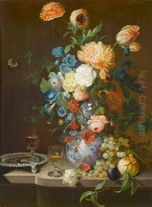 Roses, Tulips, Convolvulus, Auricula And Other Flowers In A Porcelain Vase On A Stone Ledge With A Silver Salver, Grapes, A Plum, Peaches And Two Wine Glasses by Jean Baptiste Berre
