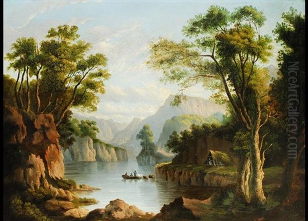 Flusslandschaft Mit Mannern Im Kahn Und Einer Stohhutte Am Ufer - view 1