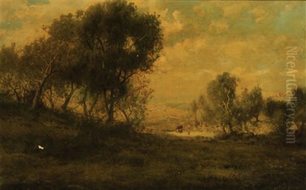 A Wooded Landscape With Cattle Watering In A Pond - view 1