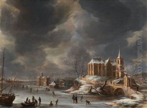 A Winter Landscape With Ice Skaters Near A Church by Anthony Berstraten