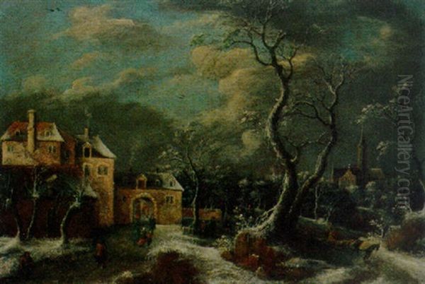A Winter Landscape With Figures Walking On A Frozen Path - view 1