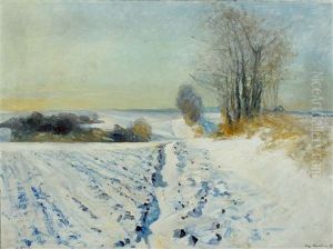Winter Scenery With Snow Covered Fields In Sunlight by Aage Bertelsen