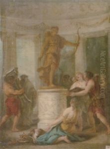 Interior Of A Classical Temple, With Hunters Making An Offering To A Statue Of Diana by Jean-Simon Berthelemy