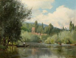 Flusslandschaft Mit Fischerbooten by Eugene Berthelon