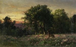 Hirsch Vor Einem Wald Bei Sonnenuntergang by Eugene Berthelon