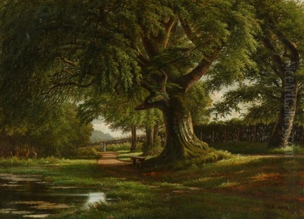 Park Scenery With A Couple Walking Along A Sunlit Path - view 1