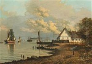 Coastal Scenery With Thatched House, Sailing Ships And Steamer On The Belt by Christian Bernh. Severin Berthelsen