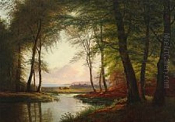 Forest Scene With A Meandering Stream And Cattle In Low Sun - view 1