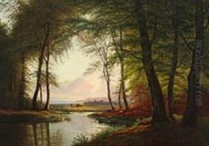 Forest Scene With A Meandering Stream And Cattle In Low Sun by Christian Bernh. Severin Berthelsen