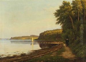 Coastal Scene With An Elderly Man Walking His Dog, In The Background Sailling Ships