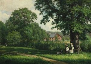 Park Scenery With Young Women On A Bench