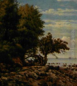 Skovklaedt Kystlandskab Med Skibe I Horisonten by Christian Bernh. Severin Berthelsen