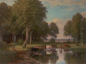 Skovparti Med Koer I En Skovso, I Baggrunden Landsby by Christian Bernh. Severin Berthelsen