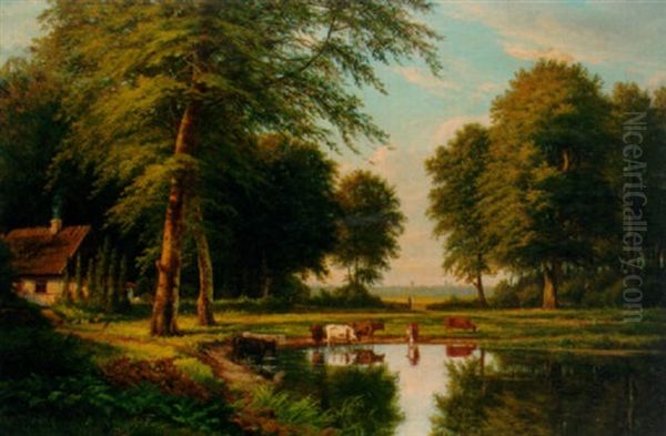 A Wooded River Landscape With Cattle Watering - view 1