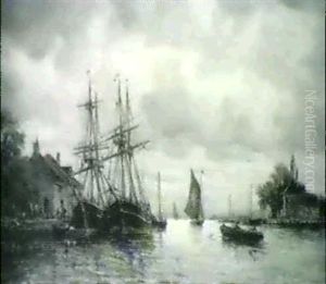 Barcas Junto A Un Pueblo Pesquero by Nicolas Berthon