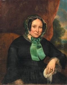 Portait De Dame Au Noeud Vert Sur Fond De Paysage by Rene Theodore Berthon