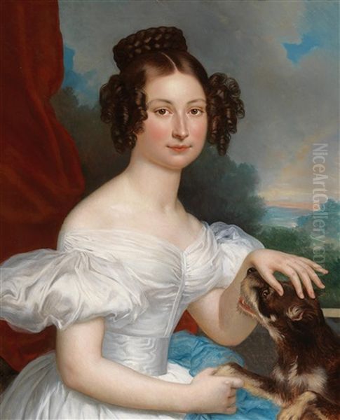 Portrait Of A Lady With A Dog Before A Landscape Background - view 1