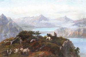 Blick Auf Thuner- Und Brienzersee Mit Jager Und Hund Im Vordergrund by Alfred Henri Berthoud