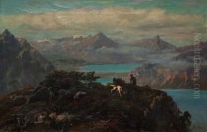 Chasseur Au Repos Avec Son Chien Surplombant Un Lac by Alfred Henri Berthoud