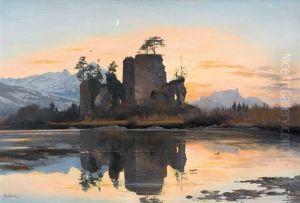 Die Burgruine Weissenau Bei Interlaken Im Abendrot by Alfred Henri Berthoud