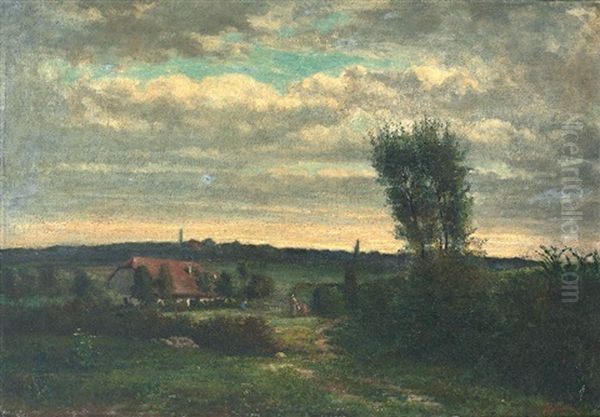 Spatsommerliche Abendlandschaft Mit Malerischem Gehoft Und Figurenstaffage - view 1