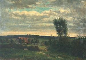 Spatsommerliche Abendlandschaft Mit Malerischem Gehoft Und Figurenstaffage