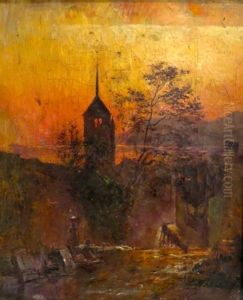 Temple De Saint-blaise Au Coucher Du Soleil by Rodolphe Leon Berthoud