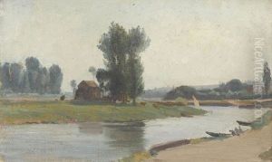 Sommerliche Flussuferpartie Mit Hauschen by Rodolphe Leon Berthoud