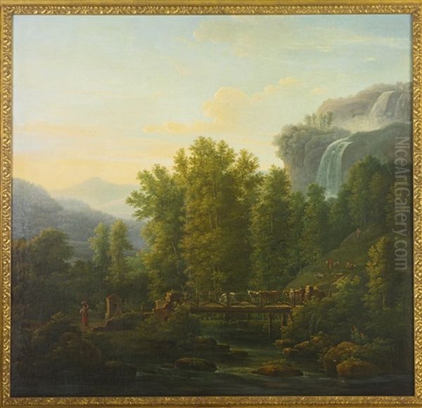 An Arcadian Landscape With Cattle And Drovers, A Waterfall In The Distance - view 1